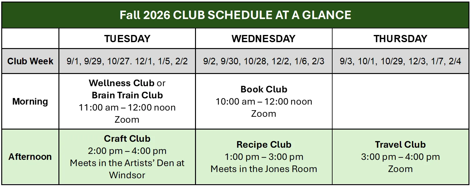 A table summarizing the fall 2026 club schedule. See the text below the image for details.