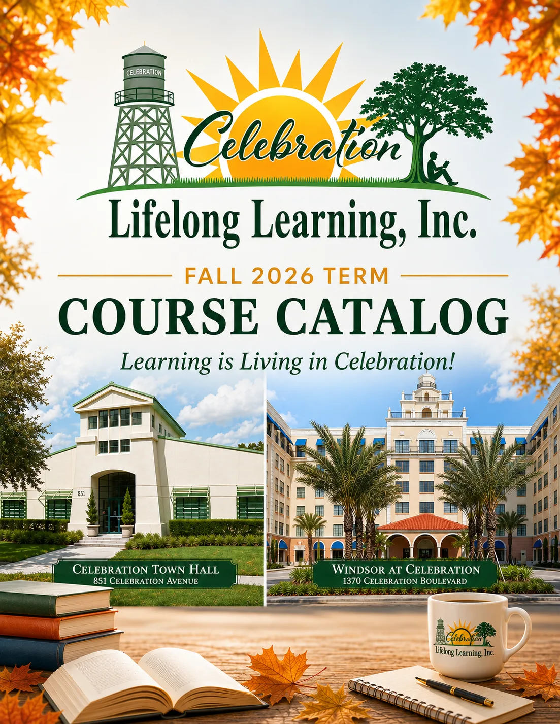 Cover of the Fall 2026 Term Course Catalog — Learning is Living in Celebration! — with photographs of Celebration Town Hall, 851 Celebration Avenue, and Windsor at Celebration, 1370 Celebration Boulevard.