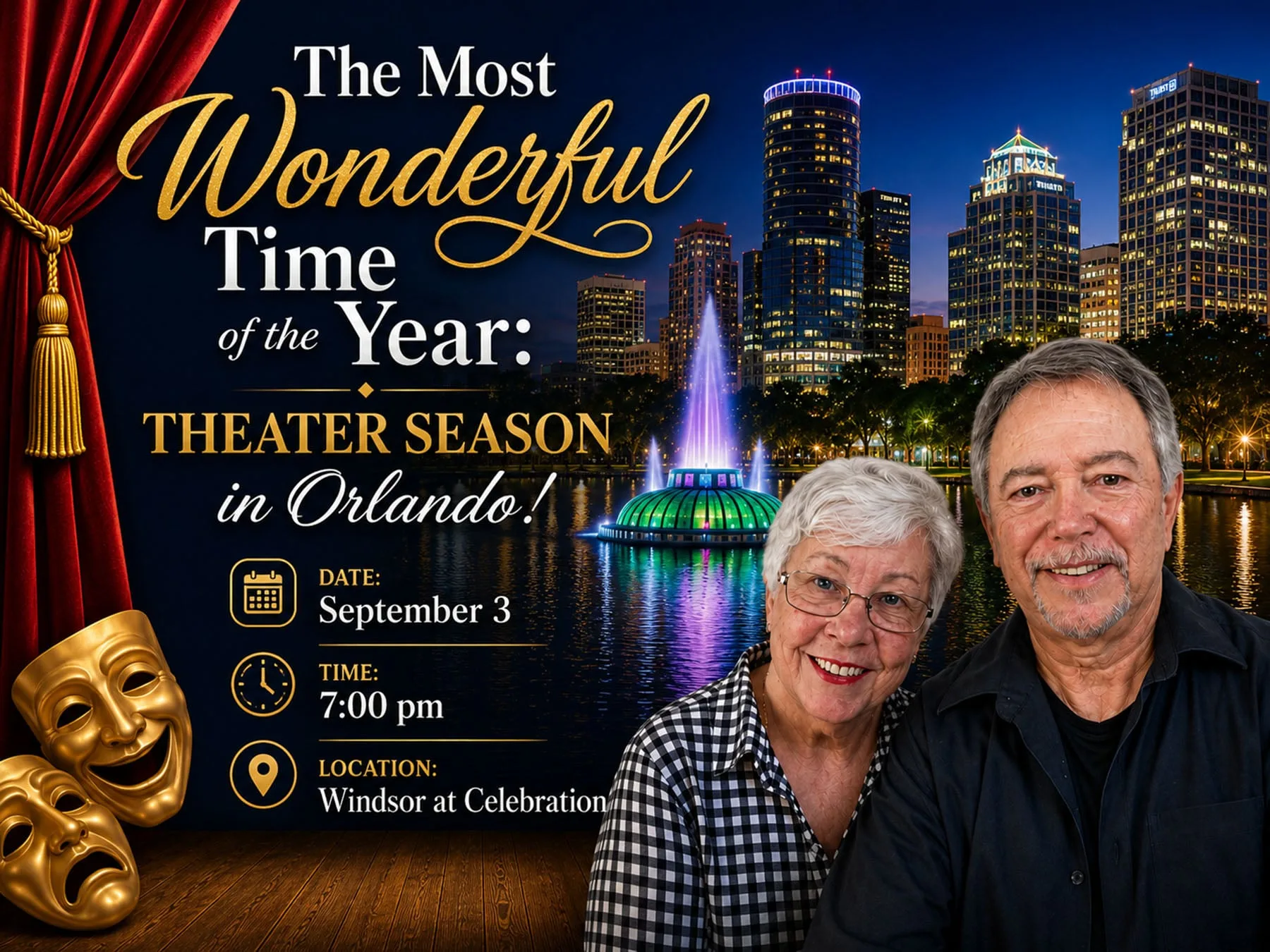 Fall Kick-Off Lecture poster: It's the Most Wonderful Time of the Year — Theater Season in Orlando! Date September 3, time 7:00 pm, location Windsor at Celebration. Photograph of presenters Dolores and Don Salvo.